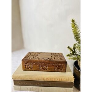 Vintage Hand Carved Wooden Floral Trinket Box 6.5" Jewelry Box